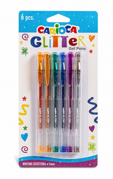 carioca glitter gel pack de 6 boligrafos punta Ø 1mm tinta gel glitter para superficies oscuras escritura brillante y colorida color varios