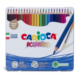 carioca acquarell pack de 24 lapices acuarelables caja de metal efecto acuarela con agua y pincel colores intensos y brillantes escritura blanda mina de Ø 3.3mm color varios