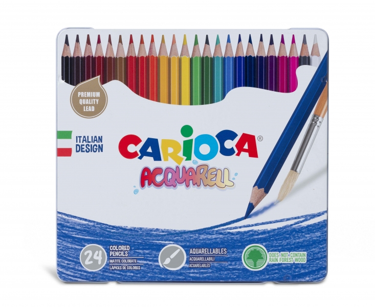 carioca acquarell pack de 24 lapices acuarelables caja de metal efecto acuarela con agua y pincel colores intensos y brillantes escritura blanda mina de Ø 3.3mm color varios