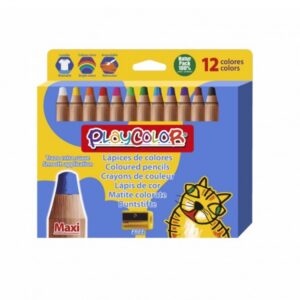 playcolor pack de 12 lapices de colores de punta gruesa + sacapuntas trazo extrasuave apto para papel, carton, vidrio etc... colores surtidos