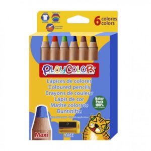 playcolor maxi pack de 6 lapices de colores de punta gruesa + sacapuntas trazo extrasuave apto para papel, carton, vidrio etc... colores surtidos