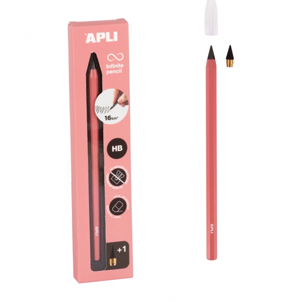 apli infinite pencil pack de lapiz infinito hb + mina de recambio + tapon protector para escribir hasta 16km color rosa