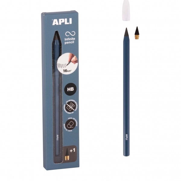 apli infinite pencil pack de lapiz infinito hb + mina de recambio + tapon protector para escribir hasta 16km color azul