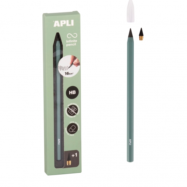 apli infinite pencil pack de lapiz infinito hb + mina de recambio + tapon protector para escribir hasta 16km color verde