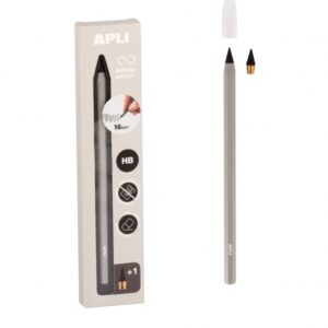 apli infinite pencil pack de lapiz infinito hb + mina de recambio + tapon protector para escribir hasta 16km color gris