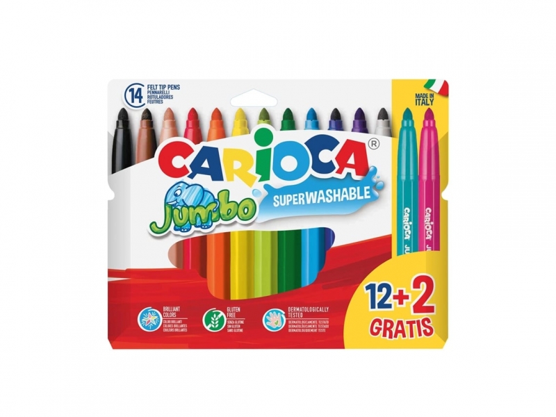 carioca jumbo pack de 12 rotuladores + 2 gratis punta 6mm superlavables colores surtidos
