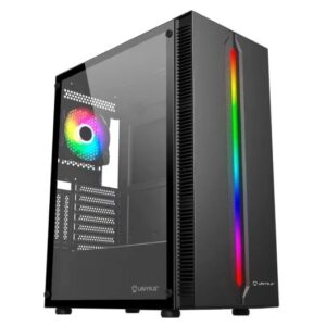 unykach armor lumina black caja atx, micro atx, mini itx lateral de vidrio templado iluminacion argb 3.5" y 2.5" usb a 2.0, 3.0 y audio 1 ventiladores 120mm argb instalado soporta refrigeracion liquida
