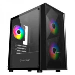 unykach mir b200 caja gaming micro atx, mini itx lateral de vidrio templado 3.5", 2.5" usb a 2.0, 3.0 y audio 3 ventiladores 120mm argb instalados soporta refrigeracion liquida
