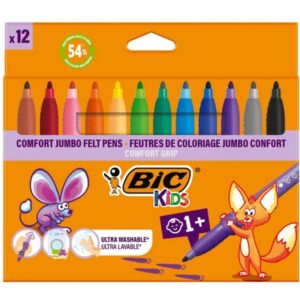 bic kids comfort jumbo pack de 12 rotuladores con tinta lavable facil de limpiar agarre antideslizante colores surtidos