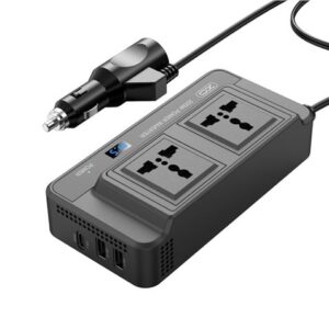 xo inversor de potencia 200w frecuencia de salida 50 hz indicador led proteccion sobrecarga y cortocircuitos salida usb y type c onda de correccion de forma de onda color negro