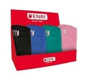 enri expositor de 20 estuches portatodo de 1 compartimento fabricados en neopreno colores negro, rosa, azul y verde