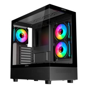 abysm danube sava h400 prime black caja torre atx, mini itx, micro atx lateral y frontal cristal templado 3.5" y 2.5" usb a, usb c y audio 3 ventiladores argb instalados soporta refrigeracion liquida
