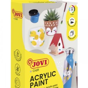 jovi pintura acrilica estuche con 6 botes + pincel acabado satinado alto poder cubriente aplicacion facil resistente al agua y jabon color surtido