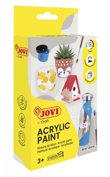 jovi pintura acrilica estuche con 6 botes + pincel acabado satinado alto poder cubriente aplicacion facil resistente al agua y jabon color surtido