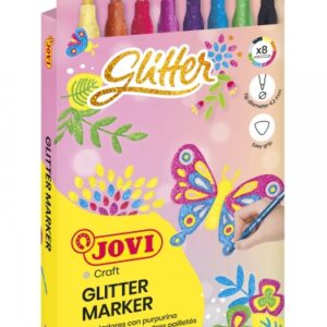 jovi glitter marker caja con 8 rotuladores efecto purpurina tinta base agua grip triangular ergonomico punta resistente tapon de seguridad trazo homogeneo color surtido
