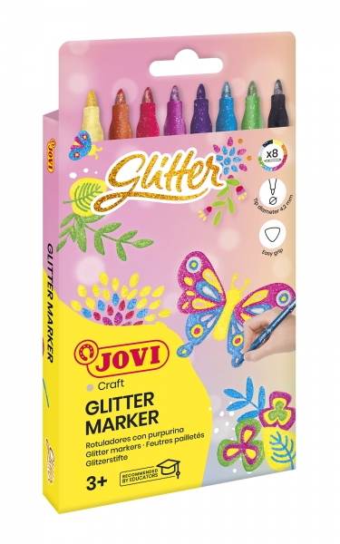 jovi glitter marker caja con 8 rotuladores efecto purpurina tinta base agua grip triangular ergonomico punta resistente tapon de seguridad trazo homogeneo color surtido