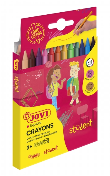 jovi crayons student estuche de 12 ceras plasticas resistentes no manchan agradables de rayar acabado brillante gran duracion colores mezclables color surtido