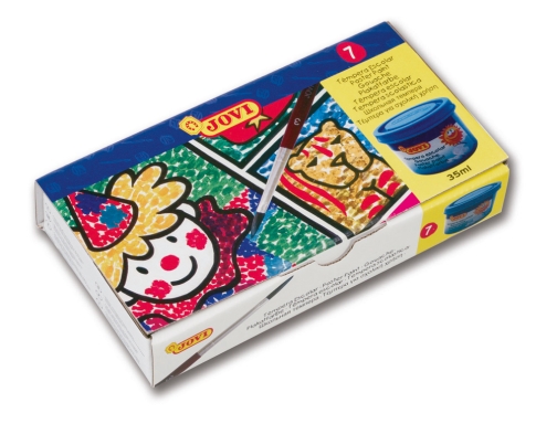 jovi pack de 7 botes de tempera 35ml mezclables para papel, cartulina, madera, tela, pasta de modelar y barro incluye pincel colores surtidos