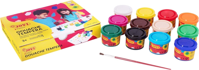 jovi pack con 12 botes de tempera 35ml mezclables para papel, cartulina, madera, tela, pasta de modelar y barro incluye pincel colores surtidos