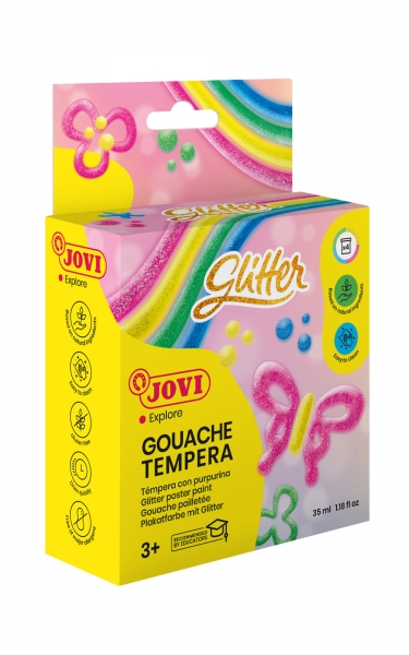 jovi glitter gouache estuche de 4 botes de tempera 35ml tempera liquida base agua particulas de purpurina excelente rendimiento secado rapido facil aplicacion color surtido