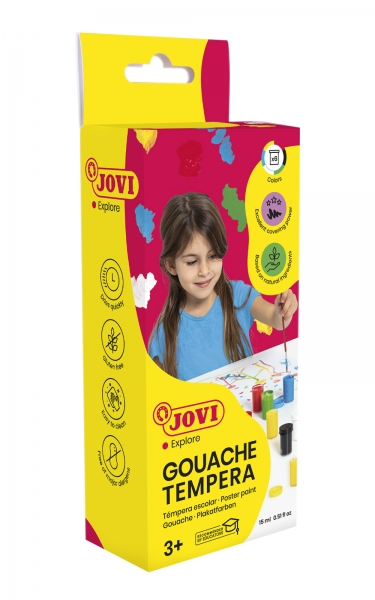 jovi gouache tempera estuche de 6 botes 15ml + pincel mezclables para papel, cartulina, madera, tela, pasta de modelar o fango color surtido
