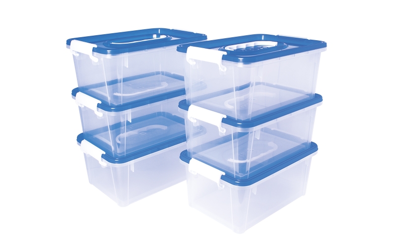 jovi pack de 6 baules para almacenaje escolar 280x190x130mm ideal para material escolar y juguetes facil de apilar cuerpo transparente con tapa azul