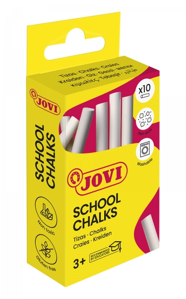 jovi school chalks caja con 10 tizas blancas compactas sin polvo materias primas naturales trazos nitidos faciles de borrar muy resistentes poco resto de polvo color blanco