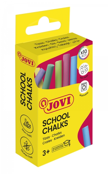jovi school chalks caja de 10 tizas compactas sin polvo materias primas naturales trazos nitidos faciles de borrar resistentes poco resto de polvo color surtido