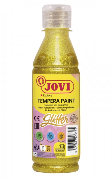 jovi glitter tempera liquida base agua 250ml particulas de purpurina excelente rendimiento secado rapido fluidez optima adherencia en multiples superficies color amarillo