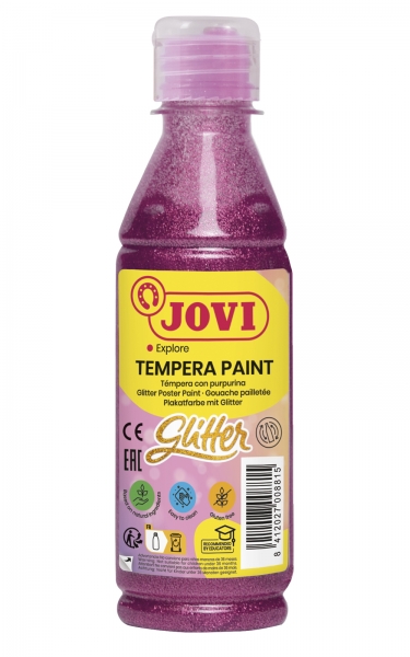 jovi glitter tempera liquida base agua 250ml particulas de purpurina excelente rendimiento secado rapido fluidez optima adherencia en multiples superficies color rosa