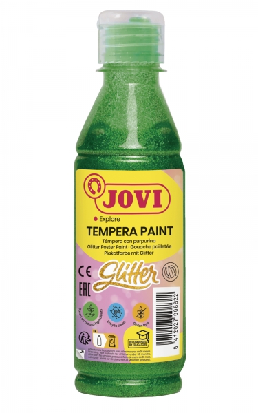 jovi glitter tempera liquida base agua 250ml particulas de purpurina excelente rendimiento secado rapido fluidez optima adherencia en multiples superficies color verde