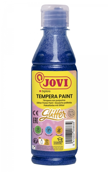 jovi glitter tempera liquida base agua 250ml particulas de purpurina excelente rendimiento secado rapido fluidez optima adherencia en multiples superficies color azul