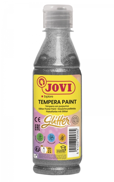 jovi glitter tempera liquida base agua 250ml particulas de purpurina excelente rendimiento secado rapido fluidez optima adherencia en multiples superficies color plata