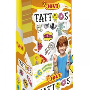 jovi expositor con 24 packs de tatuajes temporales 6 laminas por pack mas de 80 motivos emoticonos, animales, objetos etc... sin parabenos libre de alergenos
