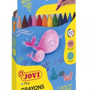 jovi large easy grip pack de 12 ceras plasticas hexagonales facil de sacar punta no mancha ideal para manos pequeñas colores surtidos
