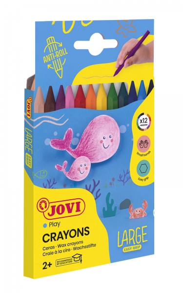jovi large easy grip pack de 12 ceras plasticas hexagonales facil de sacar punta no mancha ideal para manos pequeñas colores surtidos