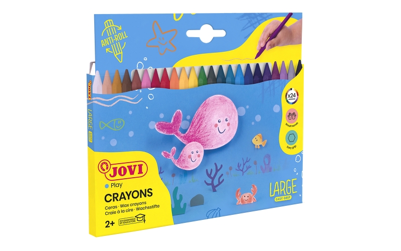 jovi large easy grip pack de 24 ceras plasticas hexagonales facil de sacar punta no mancha ideal para manos pequeñas colores surtidos