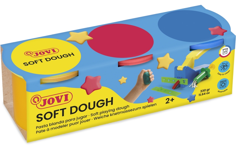 jovi soft dough blandiver estuche de 3 botes 110gr blanda y flexible facil de amasar y moldear ideal para iniciacion al modelaje fomenta creatividad y motricidad fina color surtido