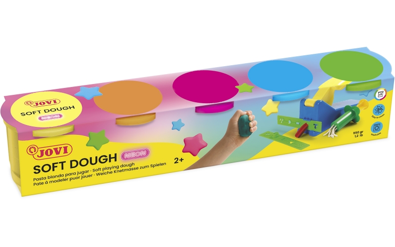 jovi soft dough estuche de 5 botes colores neon blanda y flexible facil de amasar y moldear ideal para iniciacion al modelaje fomenta creatividad y motricidad fina color surtido