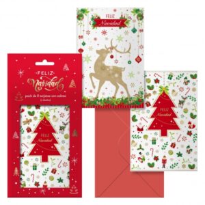 dohe caramelo pack de 8 tarjetas de felicitacion navideña con sobre 2 modelos distintos tamaño 12,2x23,5cm papel offset impresas a todo color