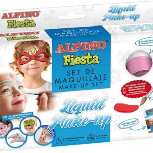 alpino fiesta pack de 8 botes de maquillaje liquido de diferentes colores + pincel + guia de ideas se lava con agua testado dermatologicamente