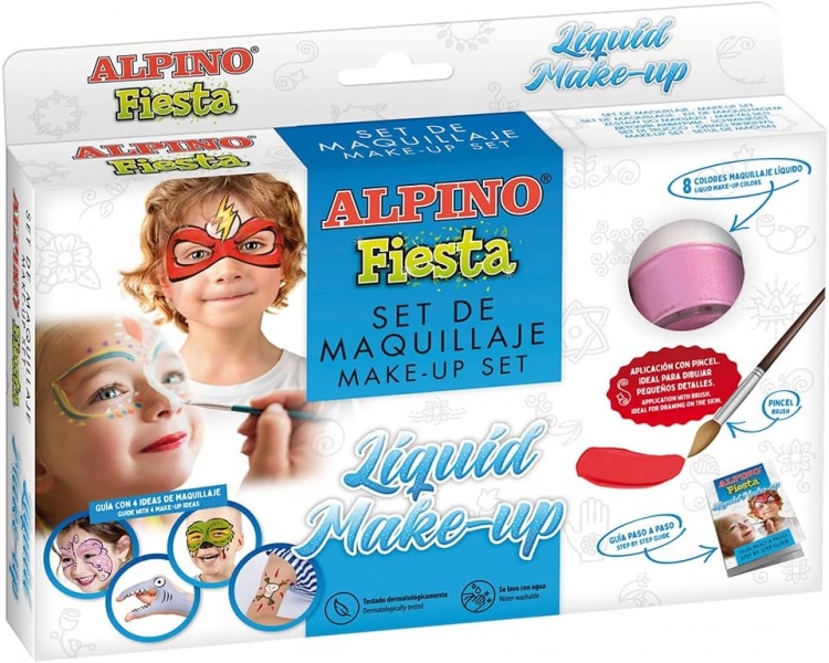 alpino fiesta pack de 8 botes de maquillaje liquido de diferentes colores + pincel + guia de ideas se lava con agua testado dermatologicamente