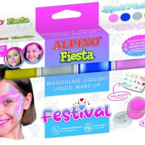 alpino fiesta festival pack de 4 botes de maquillaje liquido de diferentes colores + pincel + guia de ideas se lava con agua testado dermatologicamente