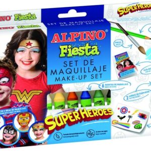 alpino fiesta superheroes pack de maquillaje con 6 barritas de pintura facial + pincel + tatuajes en calcomania + lapiz perfilador y 2 sobres de purpurina se lava con agua testado dermatologicamente