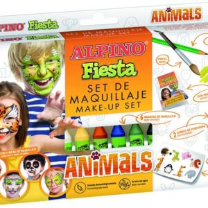 alpino fiesta animales pack de maquillaje con 6 barritas de pintura facial + pincel + tatuajes en calcomania + lapiz perfilador y 2 sobres de purpurina se lava con agua testado dermatologicamente