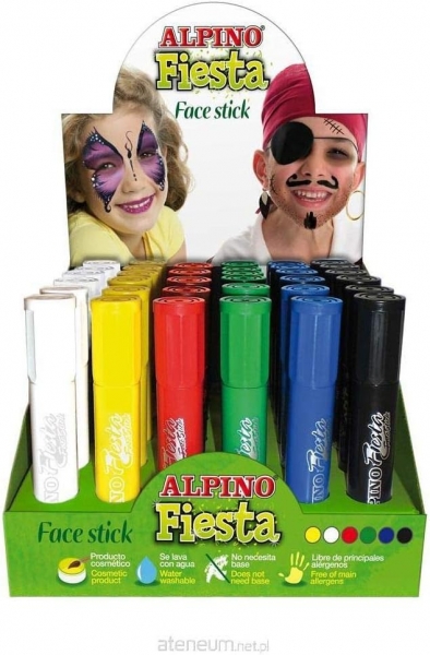 alpino fiesta face stick expositor con 36 barritas de pintura facial sistema retractil giratorio se lava con agua testado dermatologicamente
