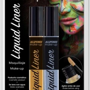 alpino make up liquid liner pack con 2 botes de maquillaje liquido con aplicador se lava con agua testado dermatologicamente colores oro y plata