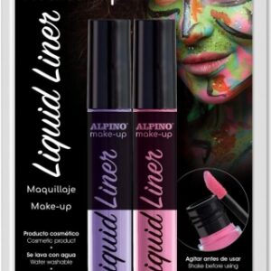 alpino make up liquid liner pack con 2 botes de maquillaje liquido con aplicador se lava con agua testado dermatologicamente colores rosa y lila