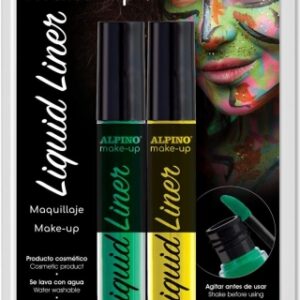 alpino make up liquid liner pack con 2 botes de maquillaje liquido con aplicador se lava con agua testado dermatologicamente colores amarillo y verde