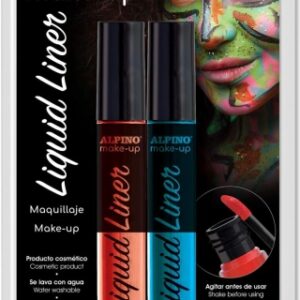 alpino make up liquid liner pack con 2 botes de maquillaje liquido con aplicador se lava con agua testado dermatologicamente colores azul y rojo